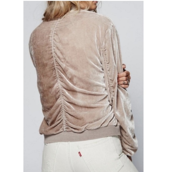 Free People Ruched Velvet Neutral Bomber Jacket. - Picture 4 of 14